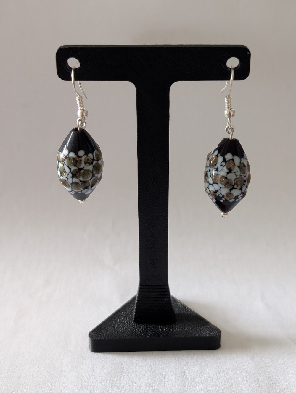 Black & White Art Glass Bead Earrings • 925 Sterling Silver Hooks • Handmade